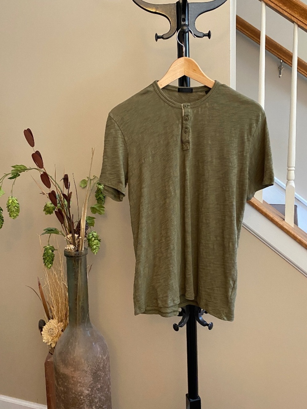 ATM Collection Slub Jersey Henley 100% Cotton in Olive Green Heather Size Small